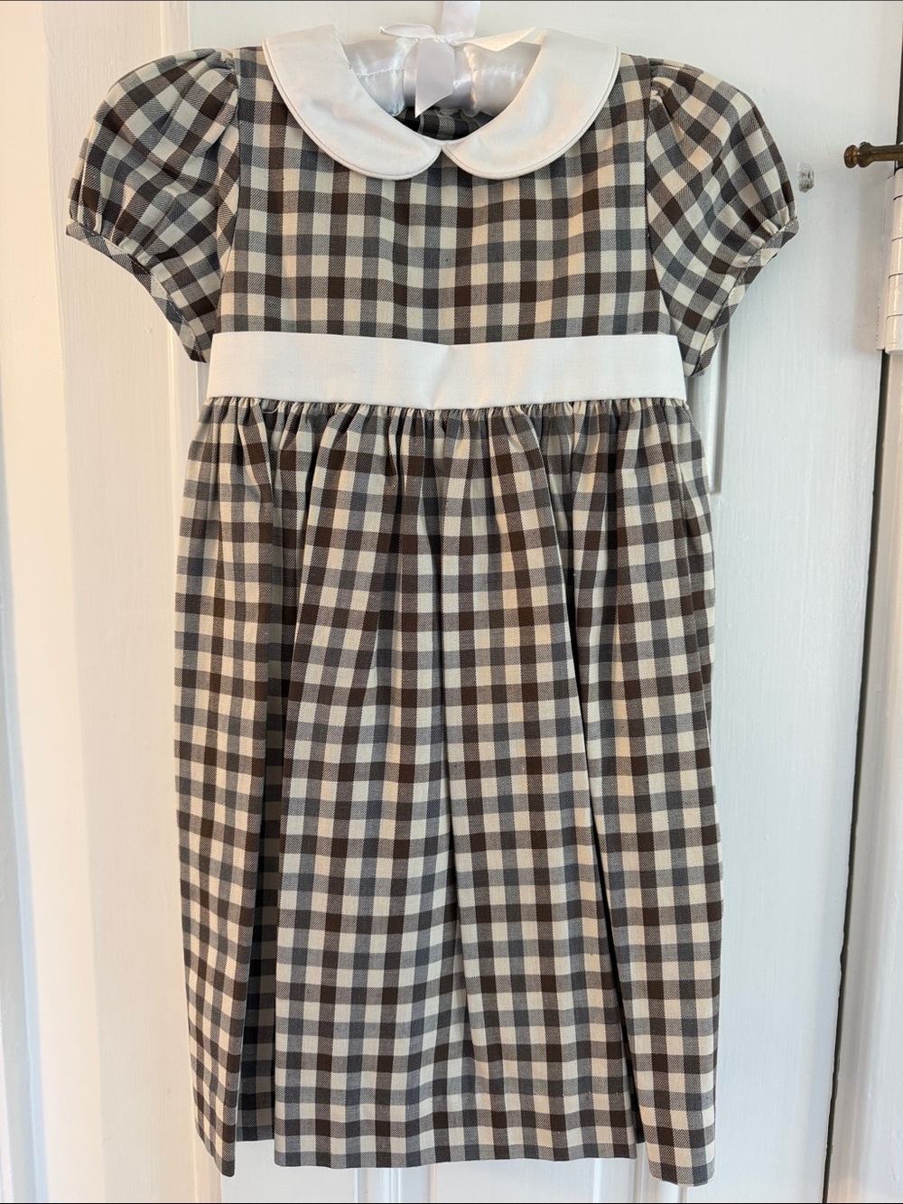 NWT Edgehill Collection Gingham Peter Pan Collar Girls' Dress in Brown and Cream